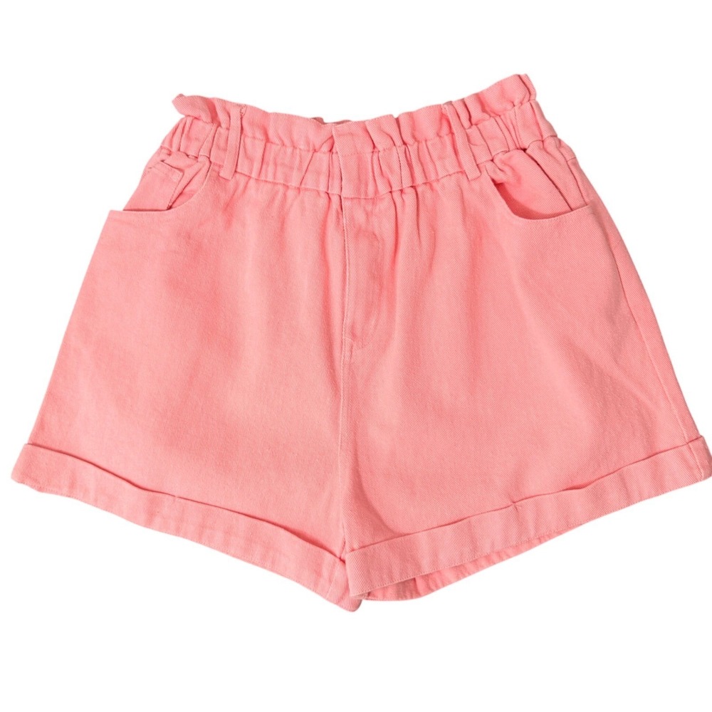 Pastel Pink Cotton Denim Paperbag Shorts (S) Summer Beachy Girly Casual‎ Elastic
